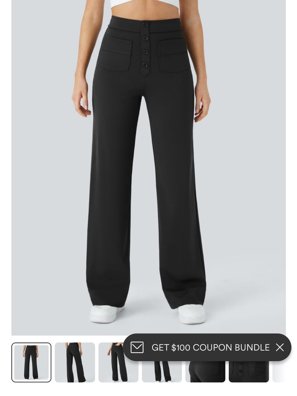 HALARA Day Stretch Black High-Waist Wide-Leg Pants with Front Button Placket